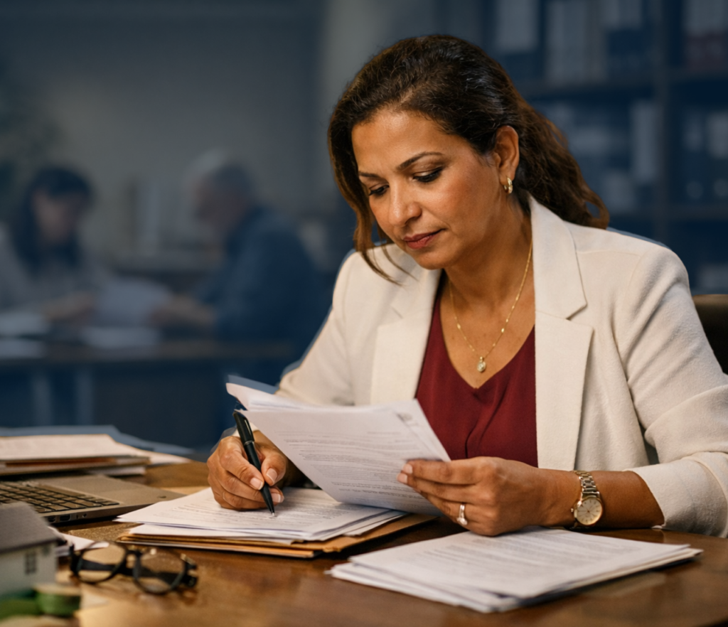 Mortgage broker reviewing loan applications at a desk while clients review paperwork in the background of a professional office.