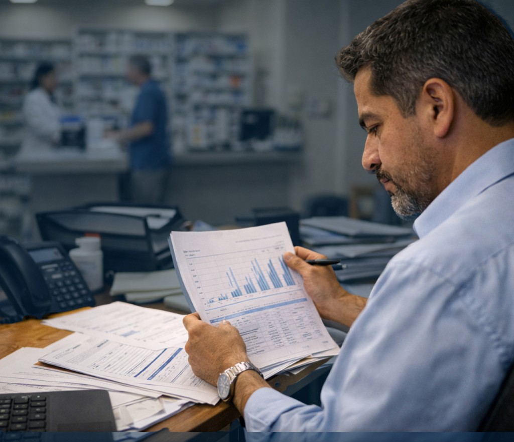 Pharmacy owner reviewing operational reports while staff assist customers at a prescription counter in a working retail environment.