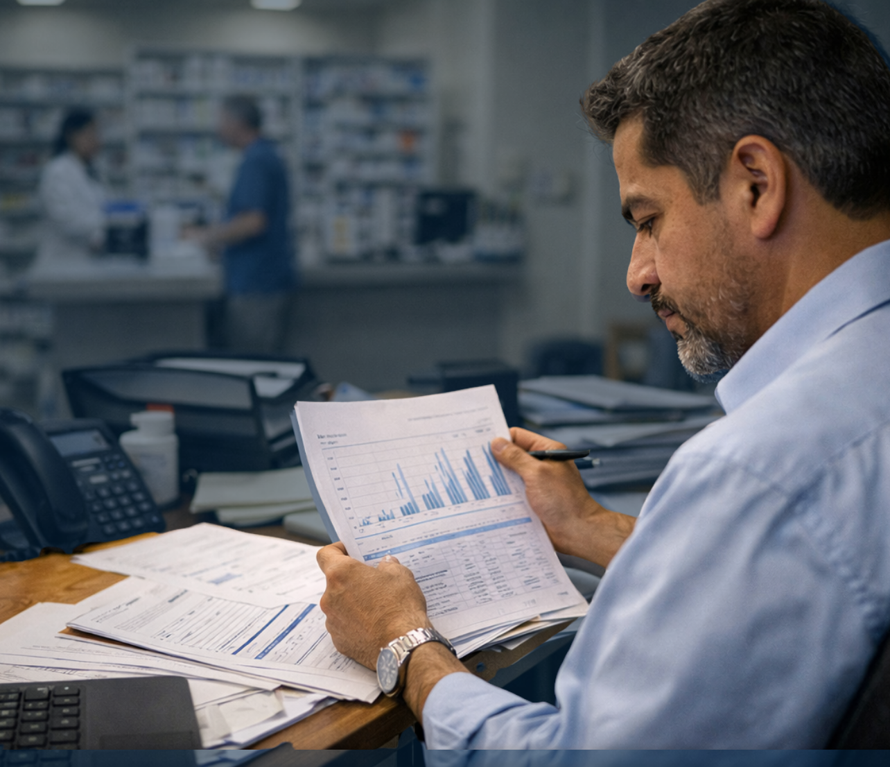 Pharmacy owner reviewing operational reports while staff assist customers at a prescription counter in a working retail environment.