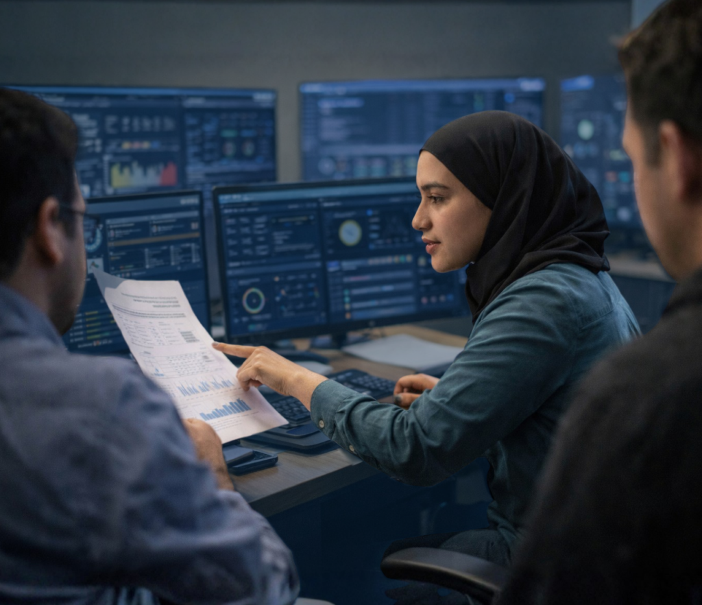 Cybersecurity consultant coordinating with analysts while monitoring systems inside a modern operations office environment.