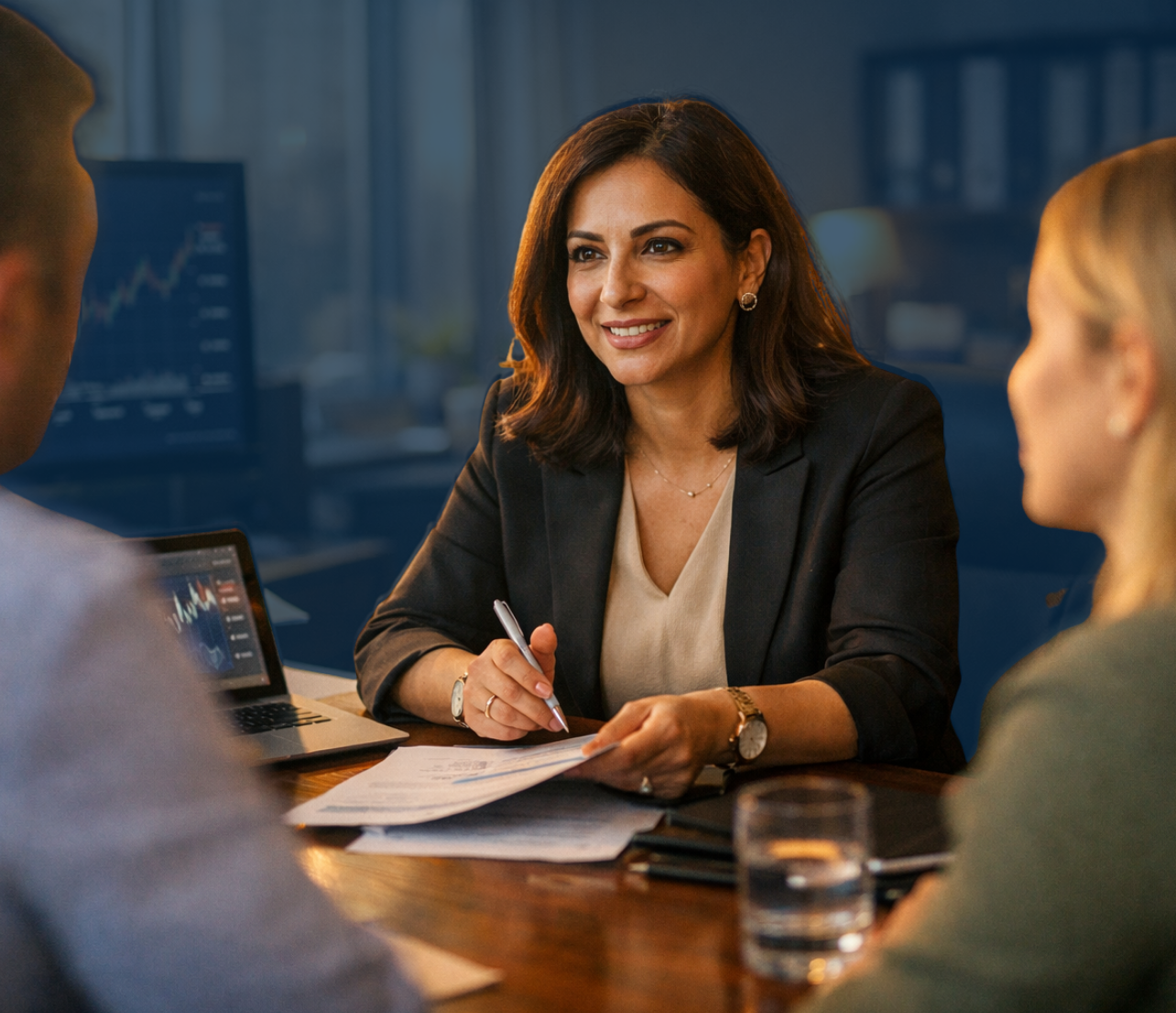 Tax professional coordinating with staff on client filings inside an office workspace while using a braille display.