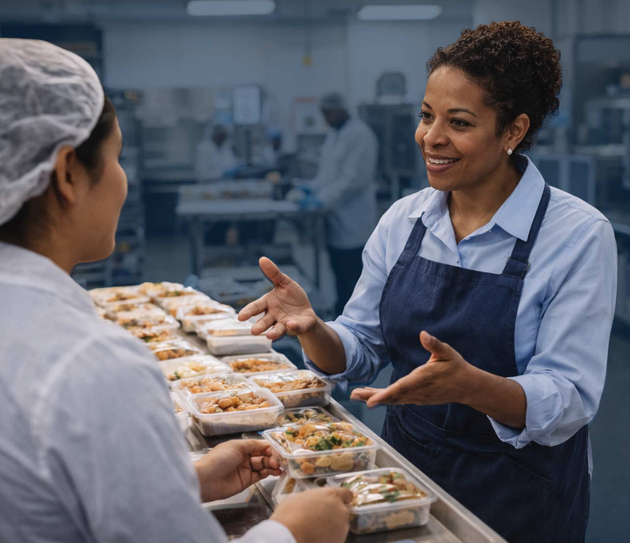 Business owner training an employee while organizing packaged food at a production line in a food manufacturing facility with industrial kitchen equipment.