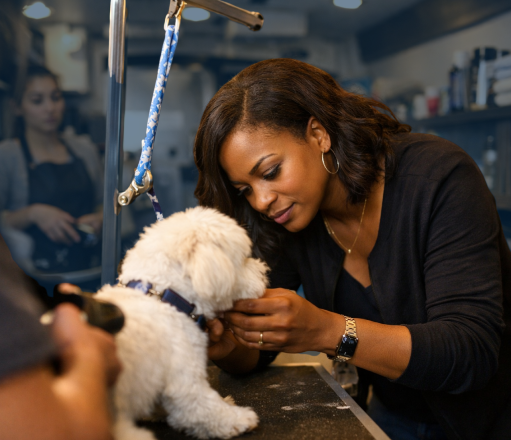 Business owner inspecting grooming work inside a mobile grooming van with tools