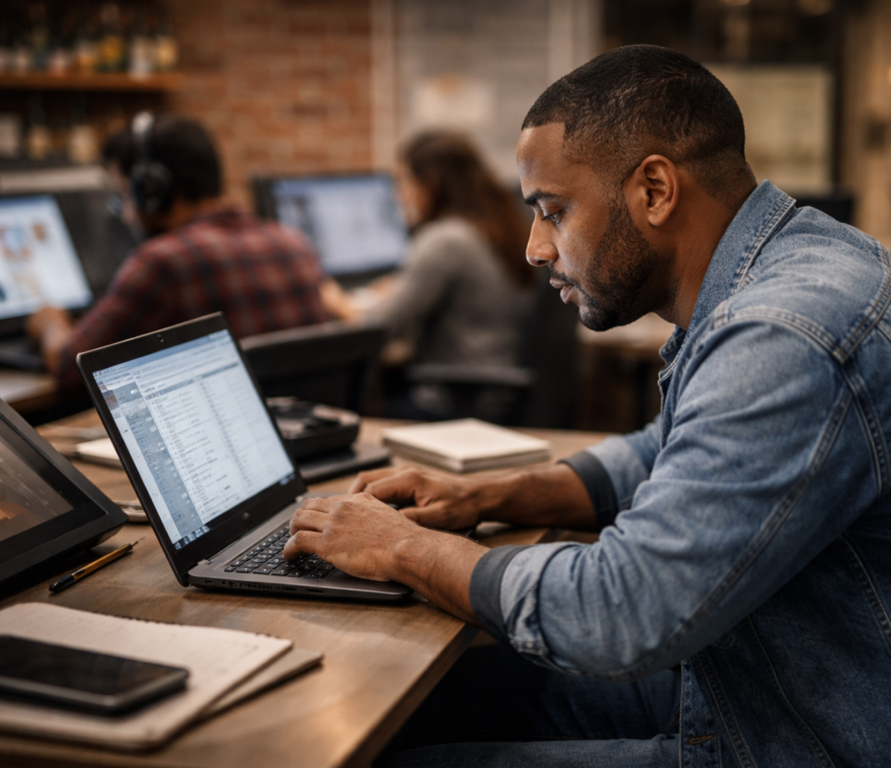 Animation studio owner updating business records on a laptop inside a working studio with artists and equipment in the background.