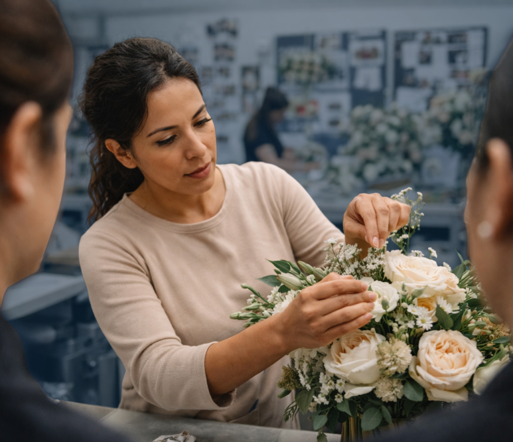 Business owner arranging flowers in a floral design studio while team members work nearby with bouquets