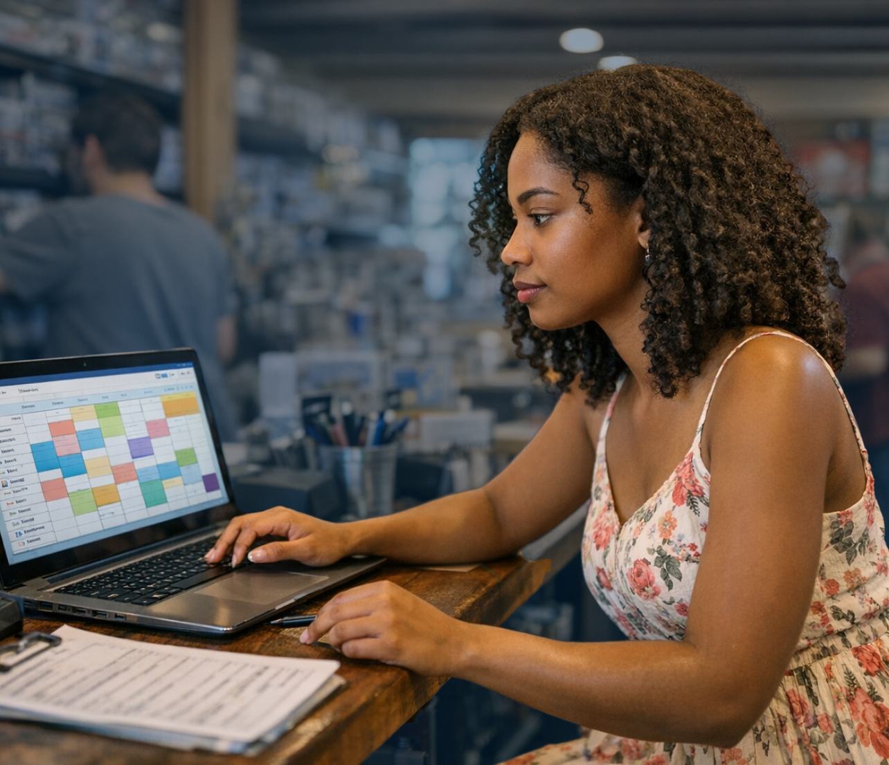 Business owner reviewing scheduling software at a hobby store counter with model kits