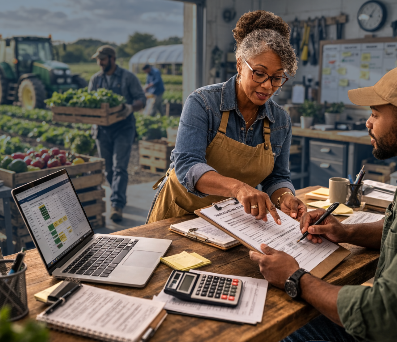 Farm owner training a team member at a desk in a farm office workspace with produce crates