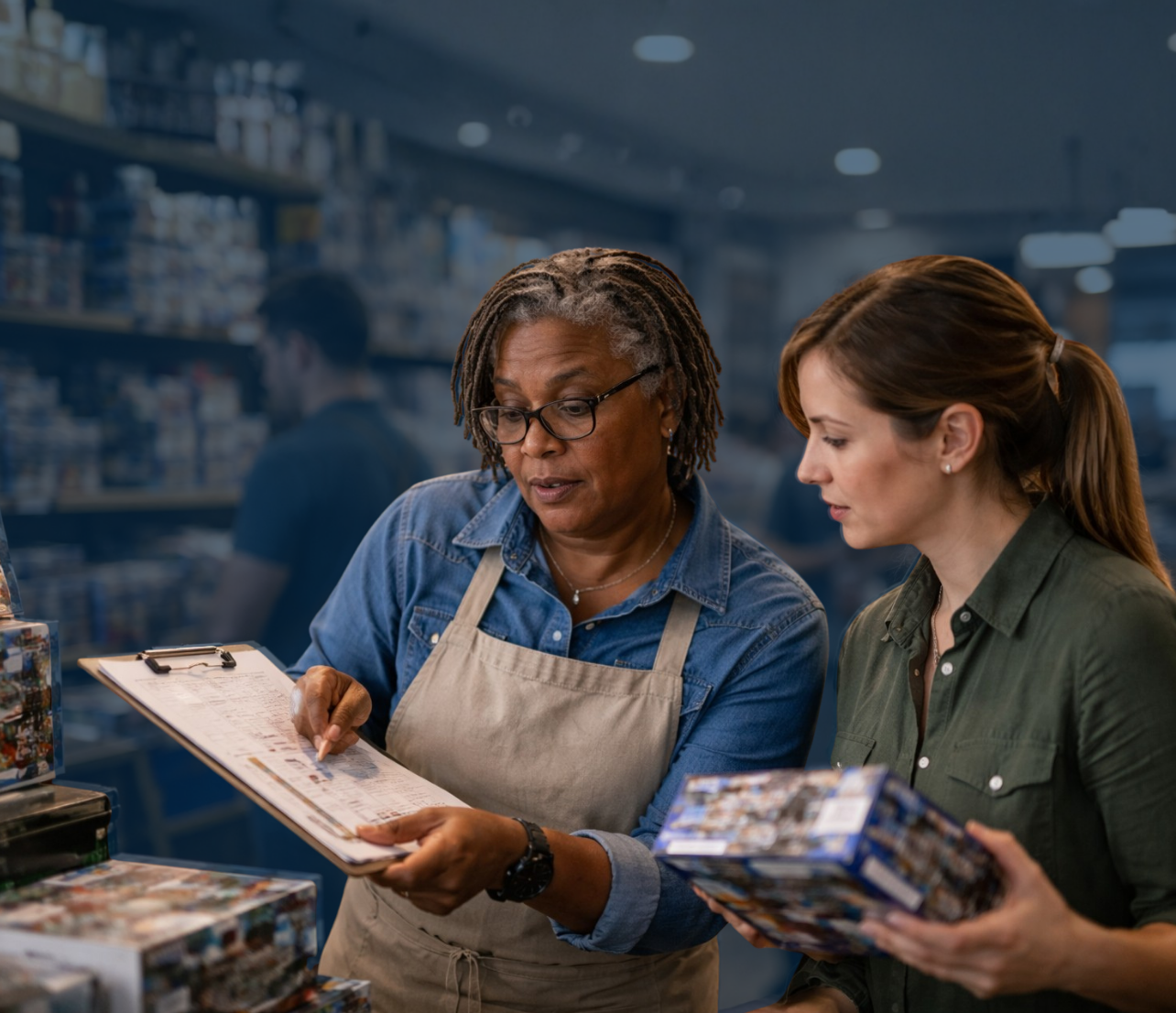 Hobby shop owner reviewing inventory reports with a manager inside a retail workspace environment.