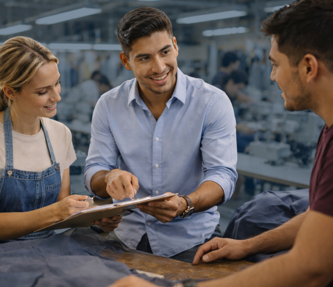 Clothing business owner reviewing production notes with staff inside a garment workshop with sewing machines and fabric rolls visible.
