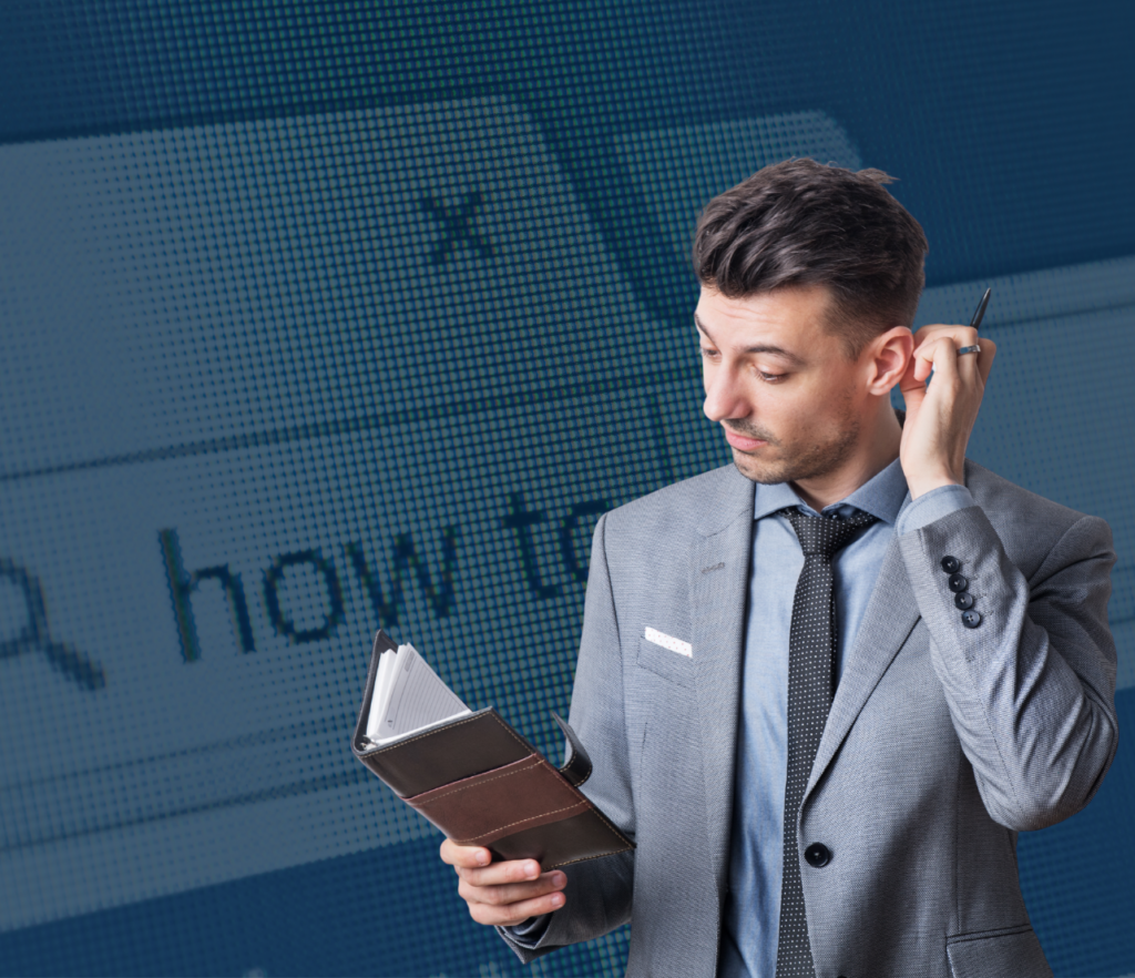 Business professional reviewing financial documents with an Equifax commercial credit report screen in the background.