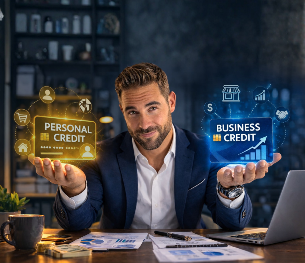 Business professional comparing two floating financial icons labeled personal credit and business credit while reviewing financial documents in an office setting.