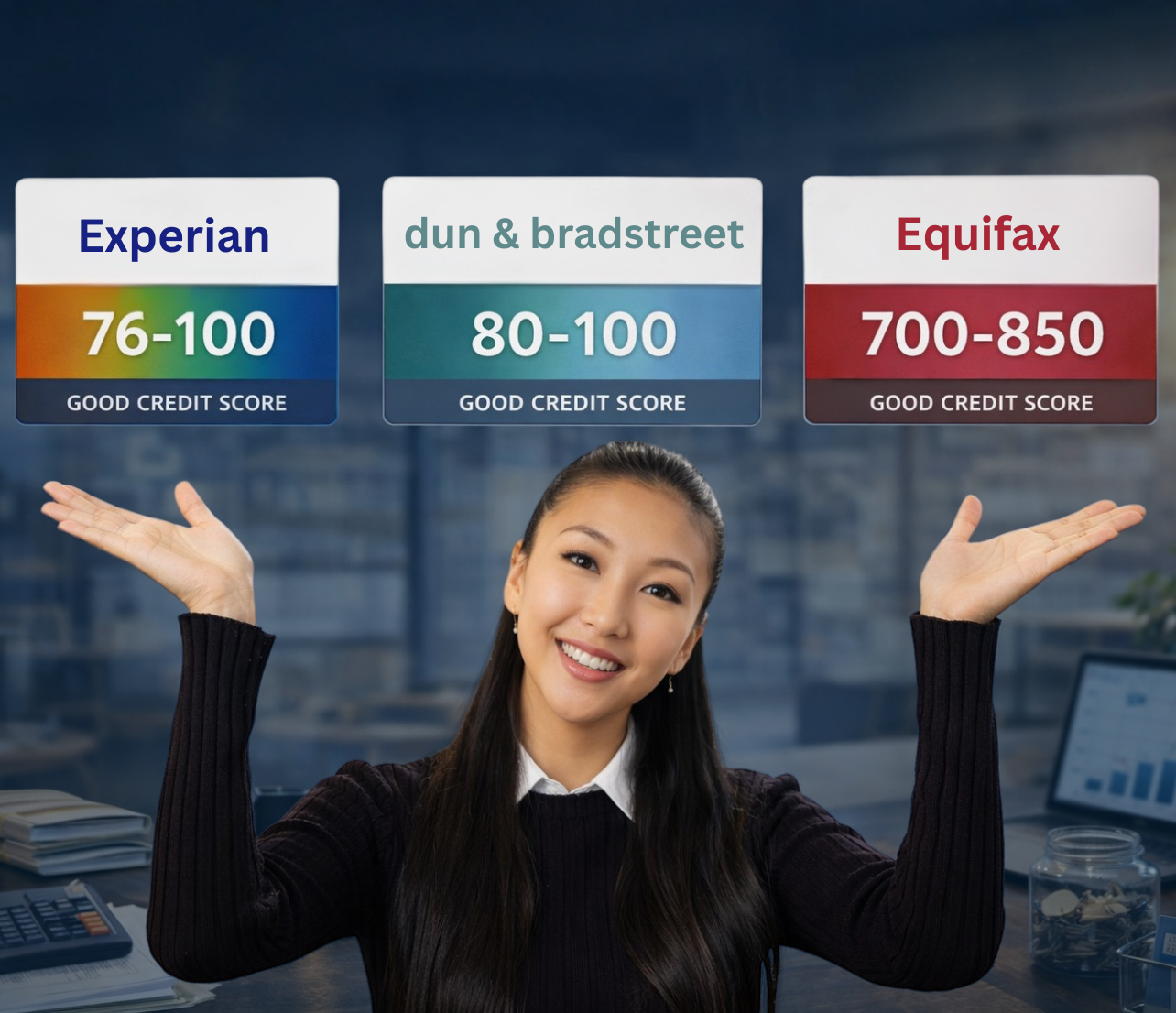 Business professional reviewing commercial credit reports and score ranges while comparing bureau models used in lender evaluation