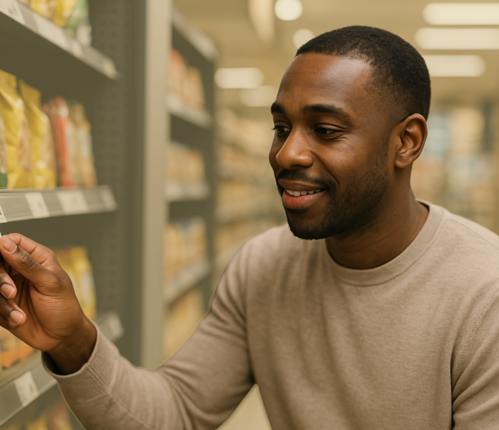 A person in a store aisle looks closely at a shelf label while making a selection decision.