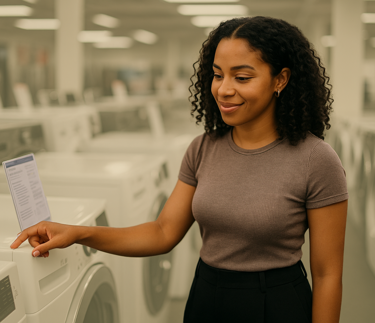 A person stands in a laundromat pressing a control button on a front-loading machine while reading the posted machine information.