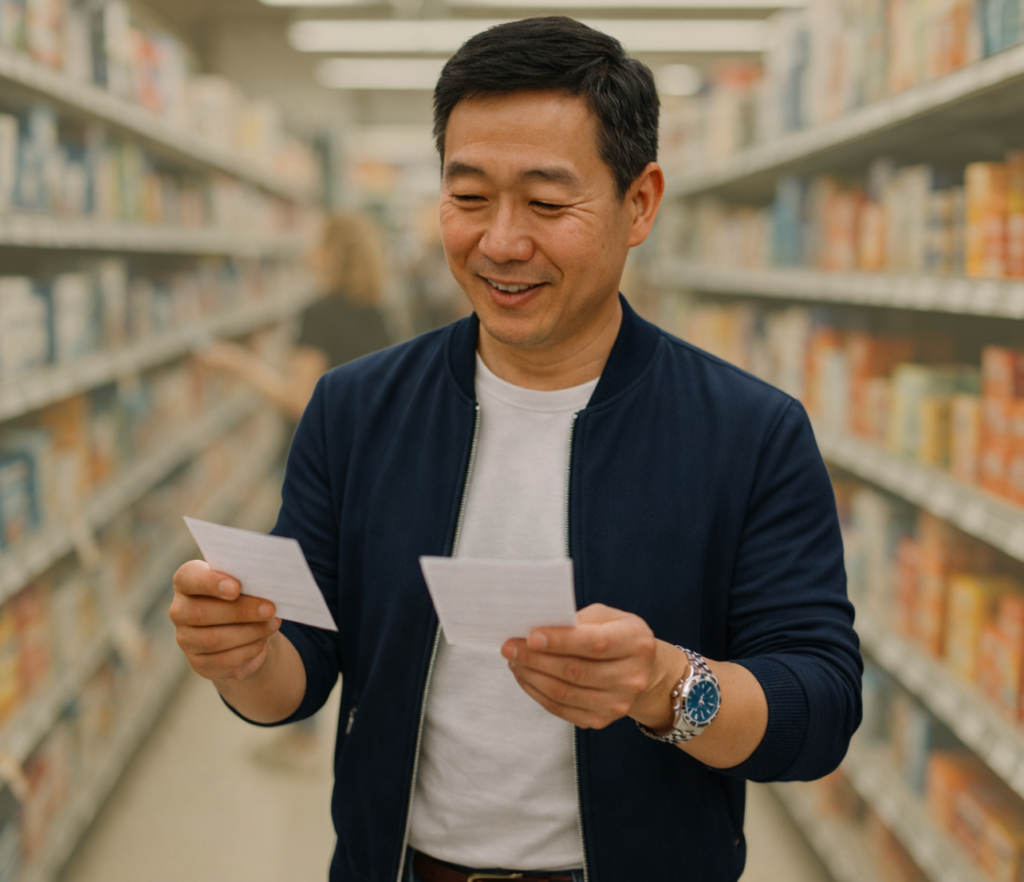 A person stands in a store aisle comparing two paper slips while looking down at them with a thoughtful expression.