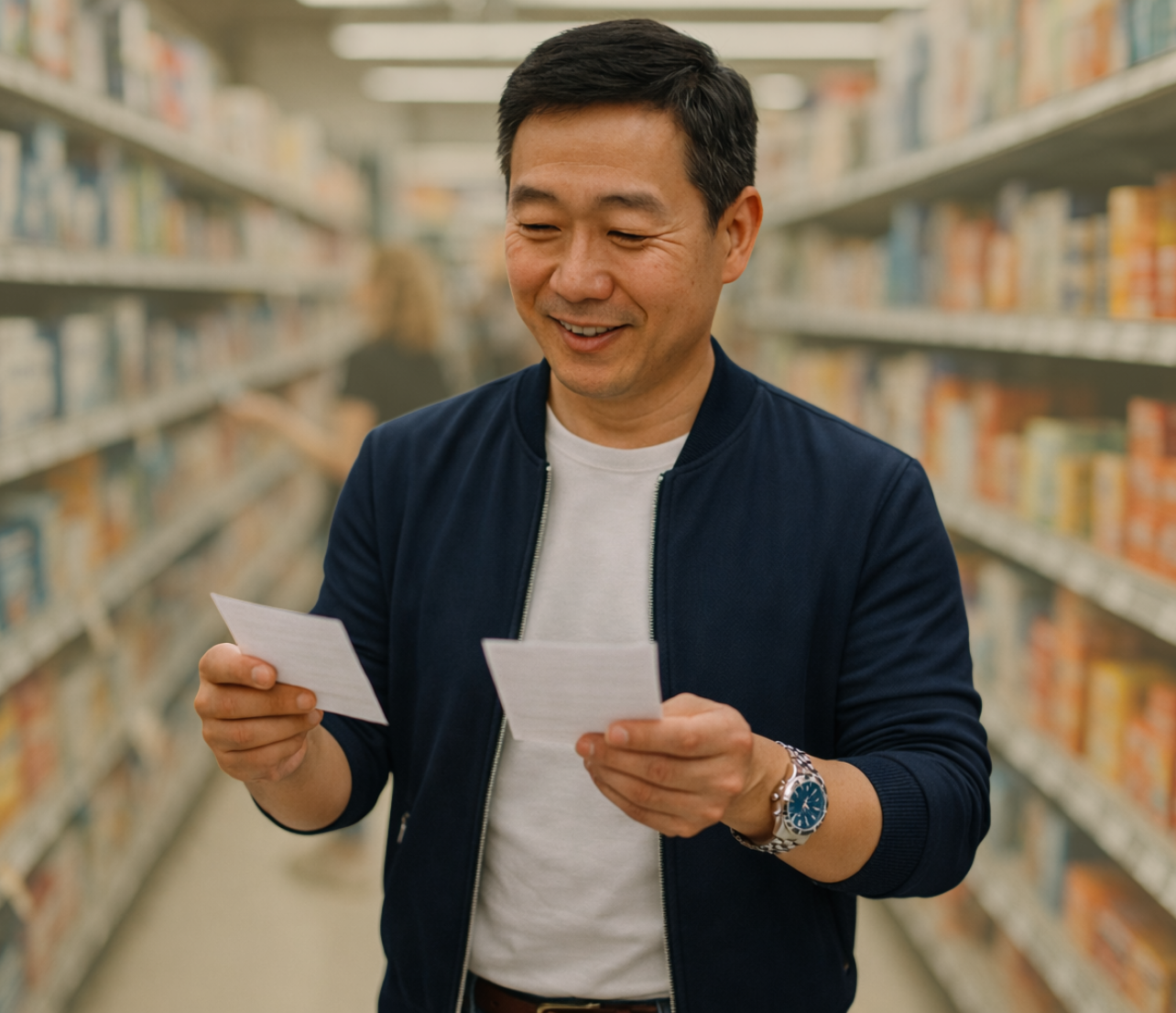 A person stands in a store aisle comparing two paper slips while looking down at them with a thoughtful expression.