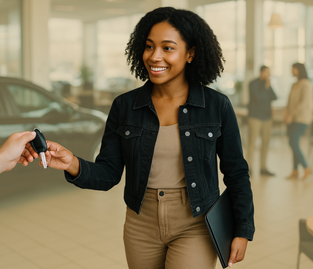 A person receives a car key while holding a folder in a bright showroom setting.