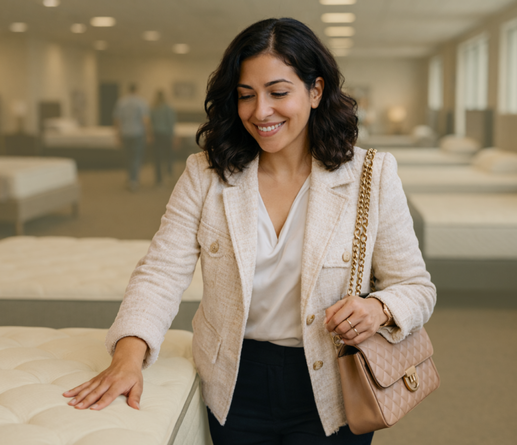 A shopper examines a mattress in a retail showroom while carrying a handbag in a bright store setting.