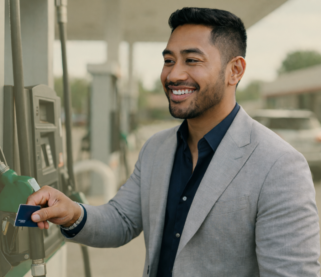 A person uses a payment card at a fuel pump while standing at a gas station in a real-world purchase setting.