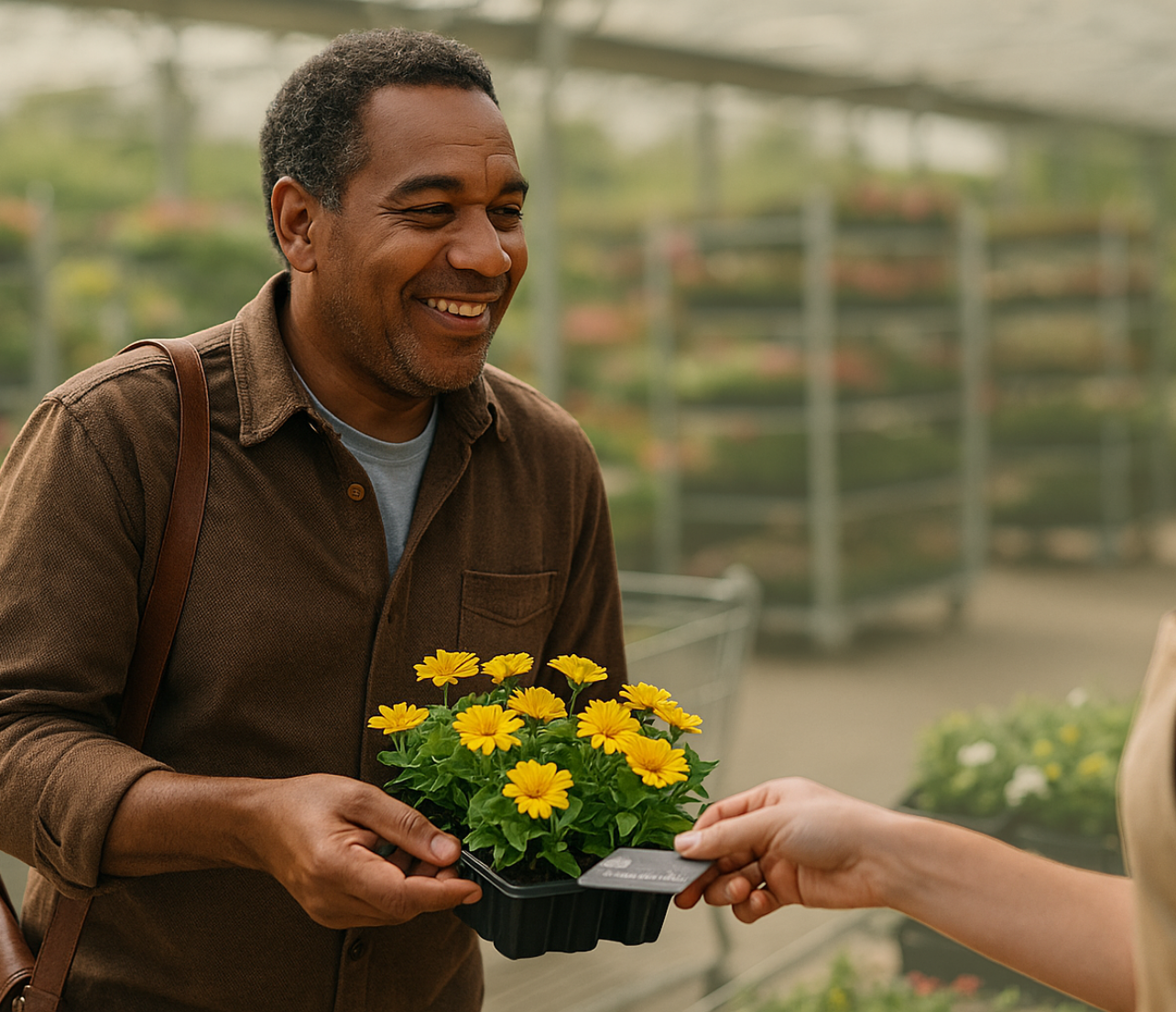 A customer receives a payment card while buying a potted plant in a greenhouse-style retail setting.