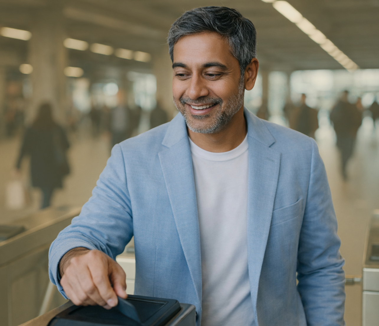 A person in a light blue blazer taps a payment terminal in a bright public setting with people blurred in the background.