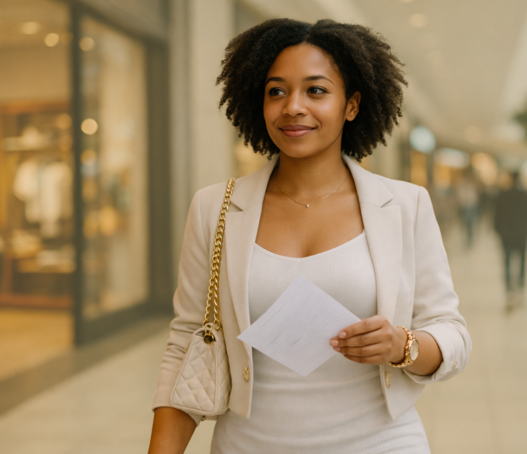 A person walks through a public indoor space while holding a document in hand and looking ahead with a calm expression.