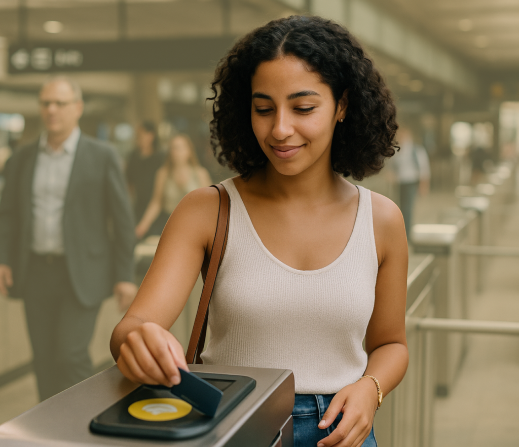 A person taps a payment terminal in a public transit-style setting while carrying a shoulder bag and moving through an everyday routine.