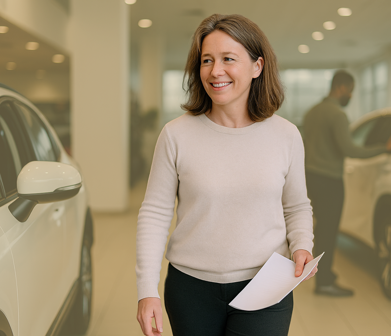 A person stands beside a vehicle in a showroom while holding paperwork