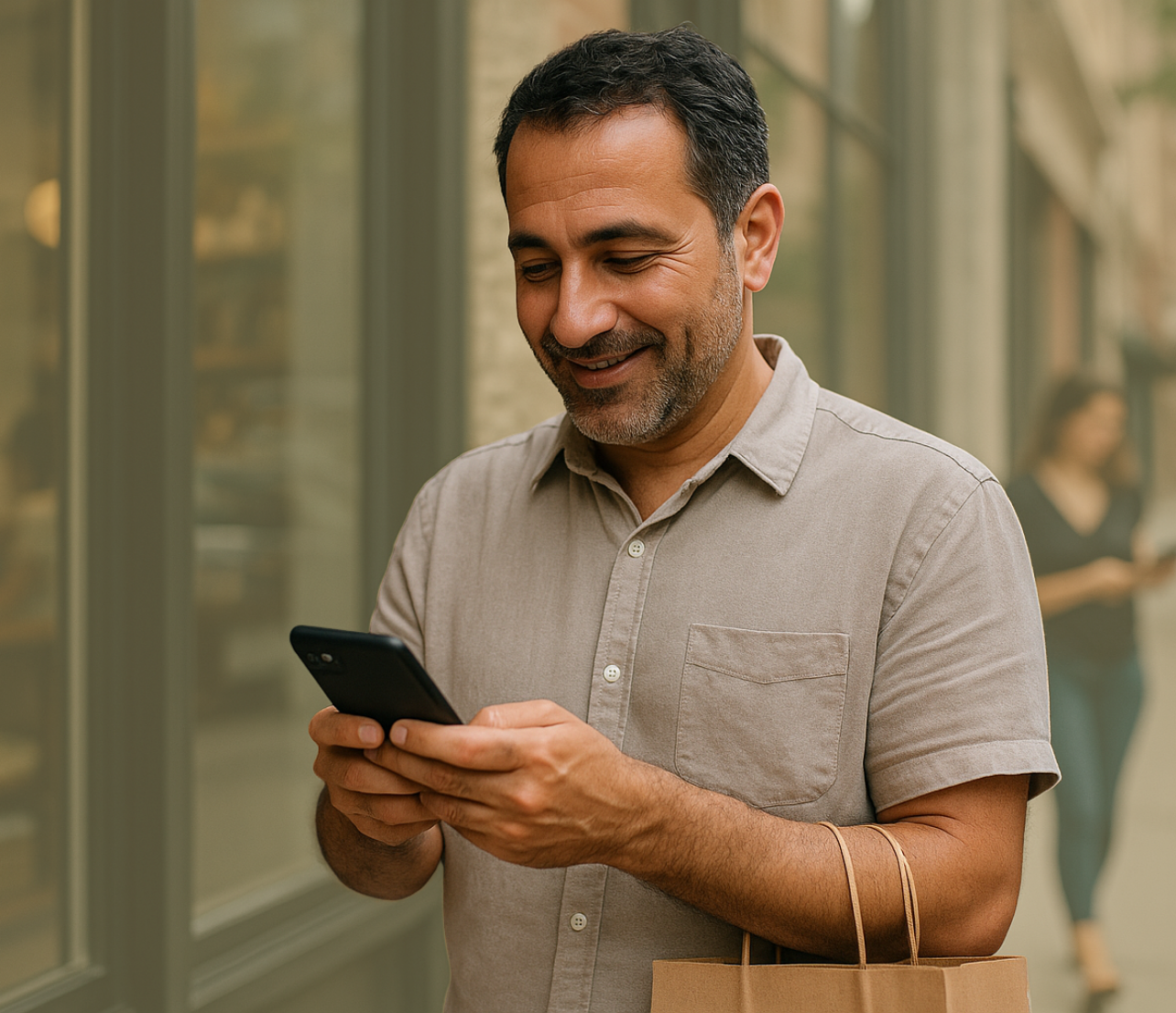 A person looks at a phone while carrying shopping bags in a public retail setting.