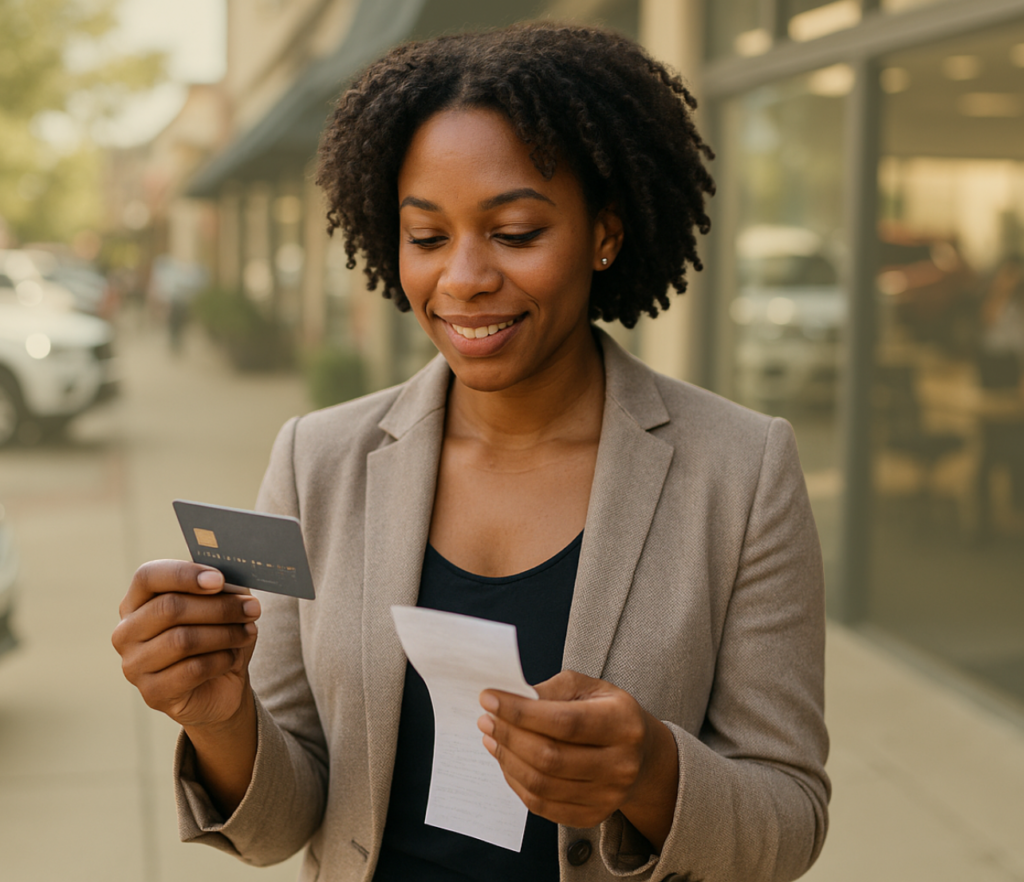 A man hands over a credit card at a payment counter