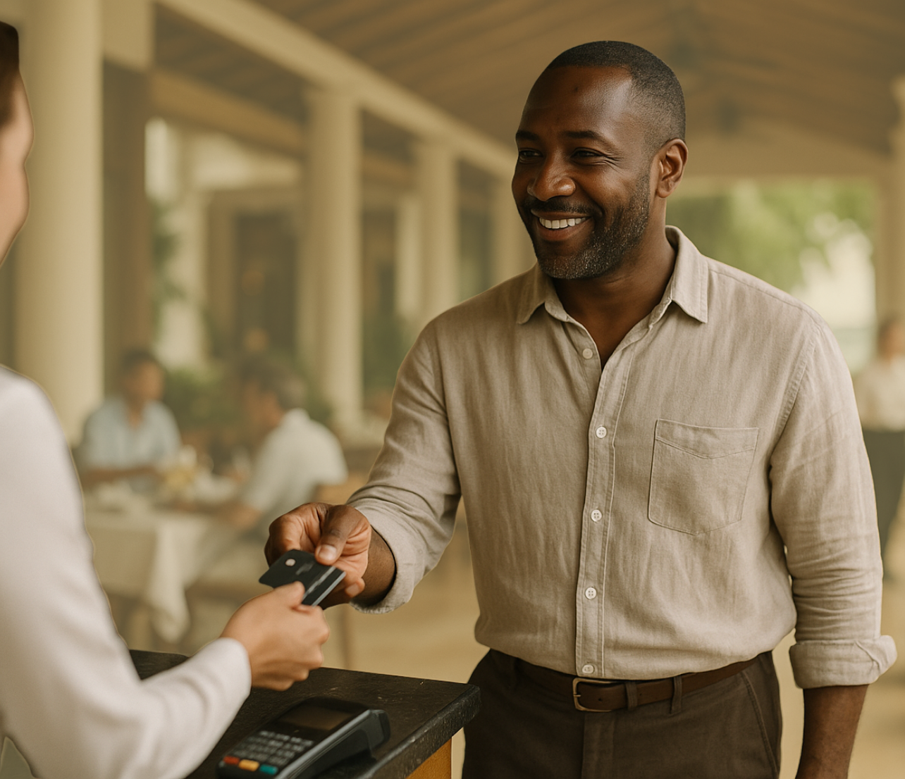A man makes a card payment at a counter