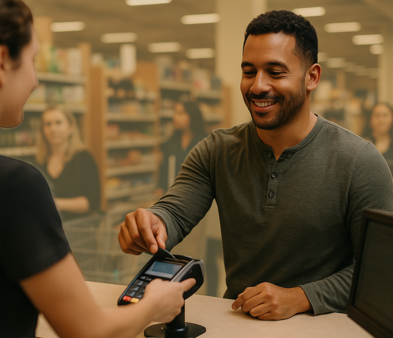 A man uses a credit card during a routine payment