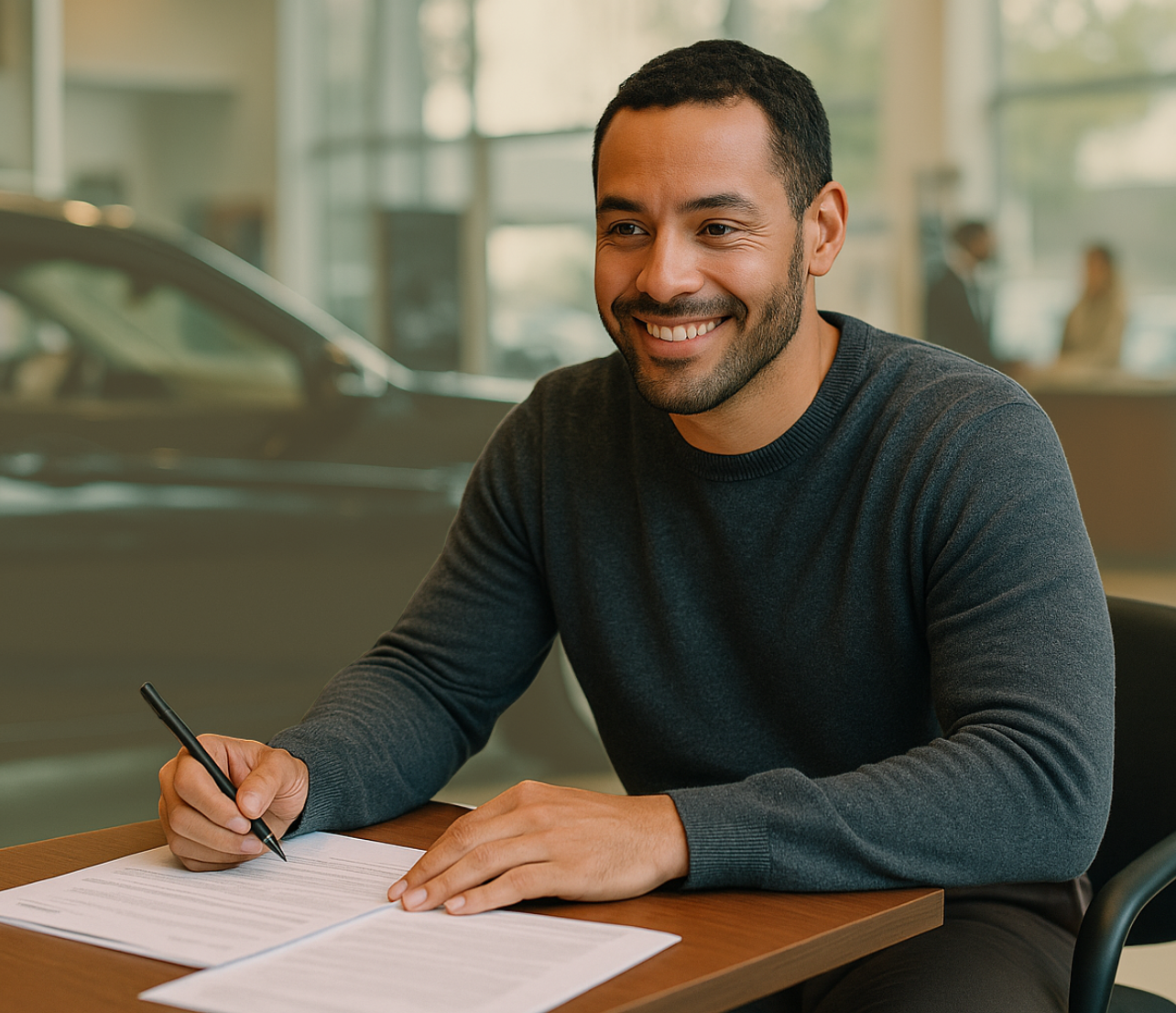 A man completes paperwork in a financing setting