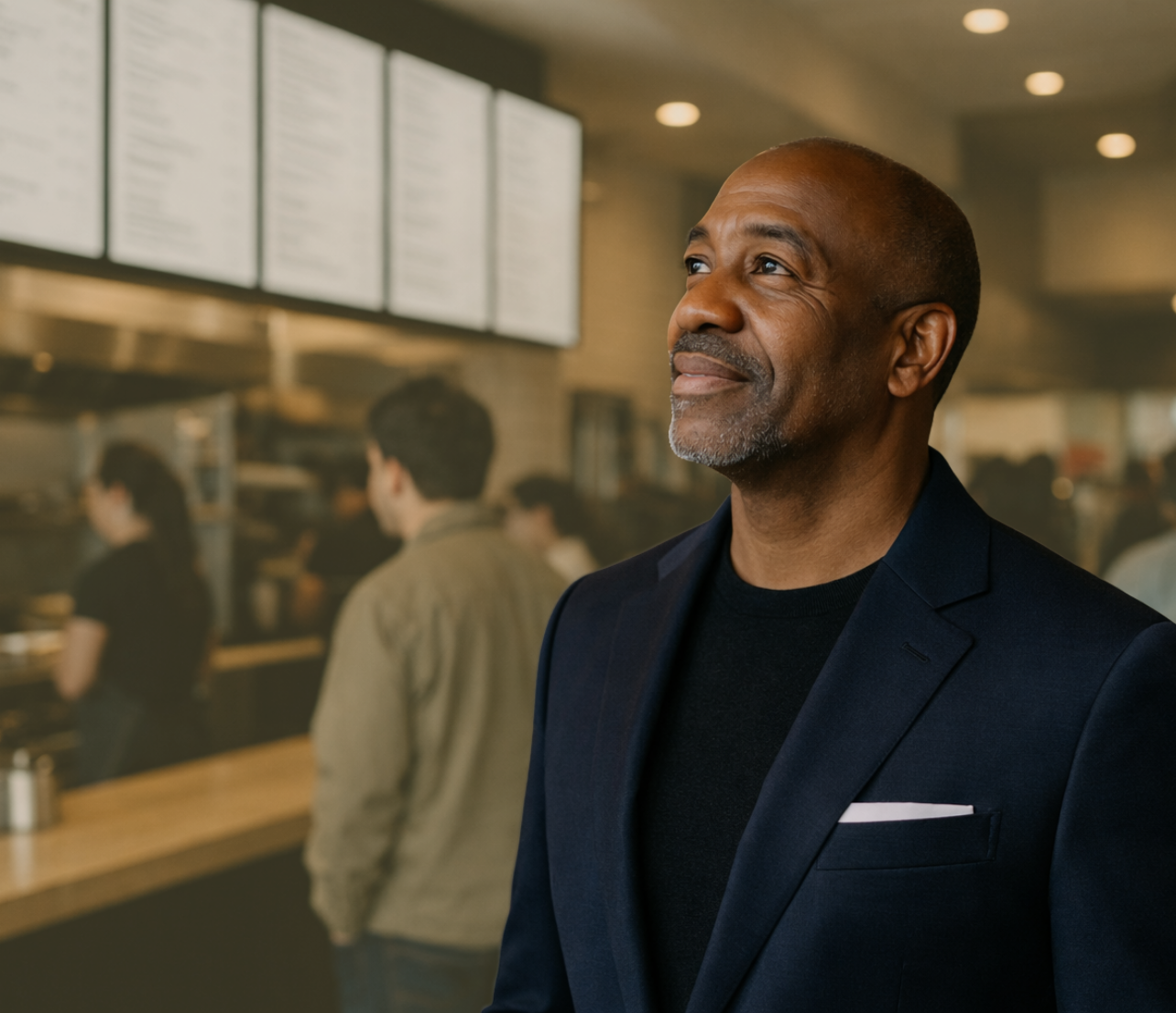 A professionally dressed man stands in a busy public setting