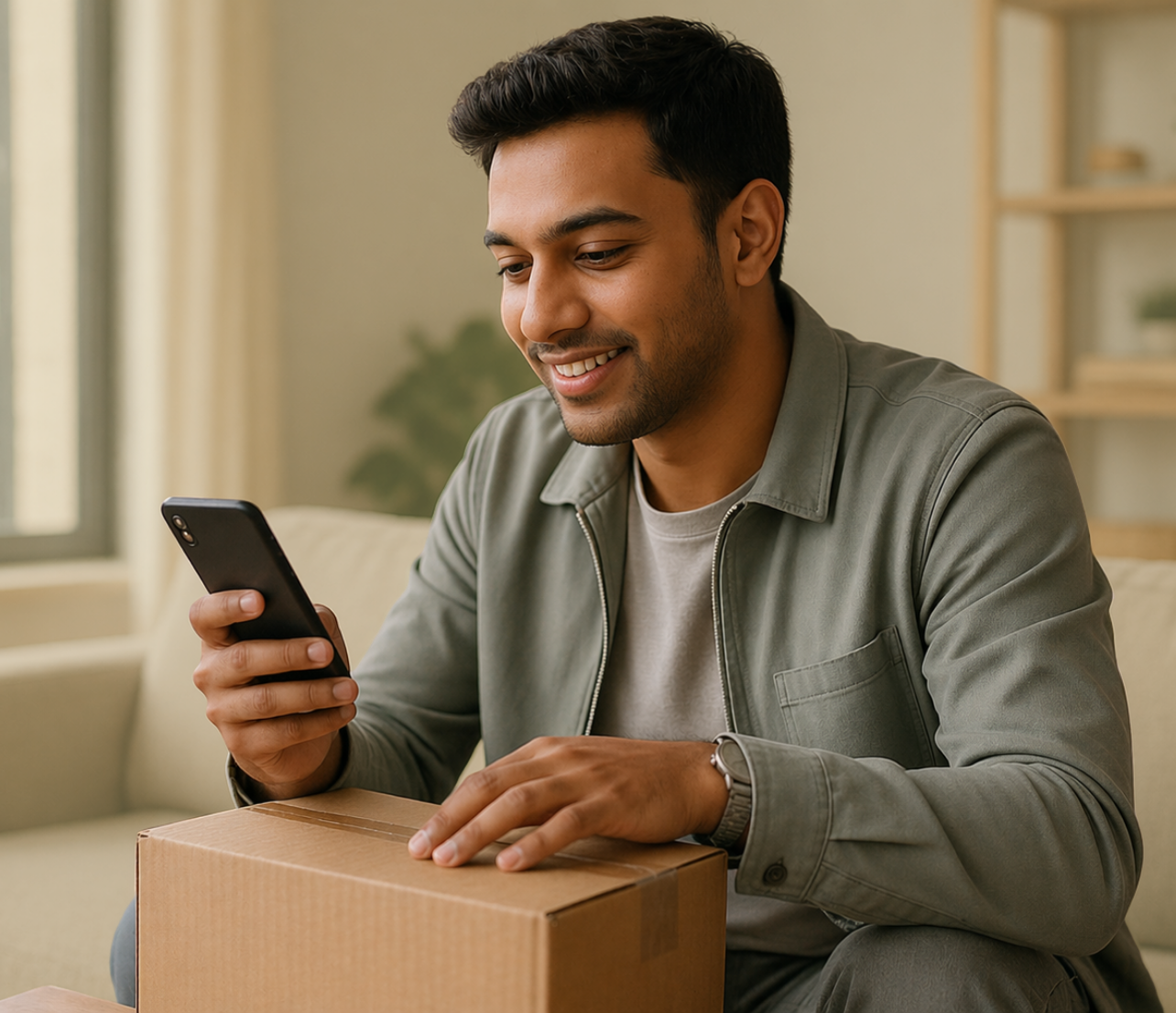 A man looks at a phone while sitting beside a package at home