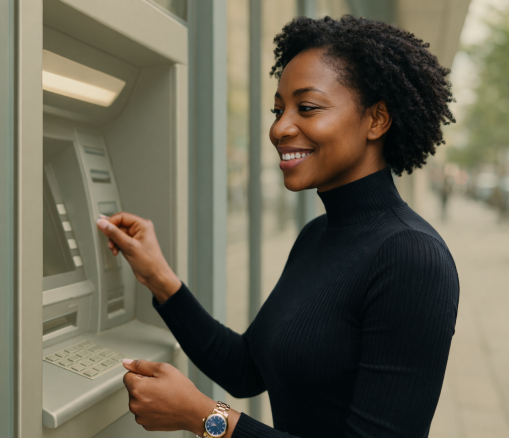 A woman uses an ATM in a public setting