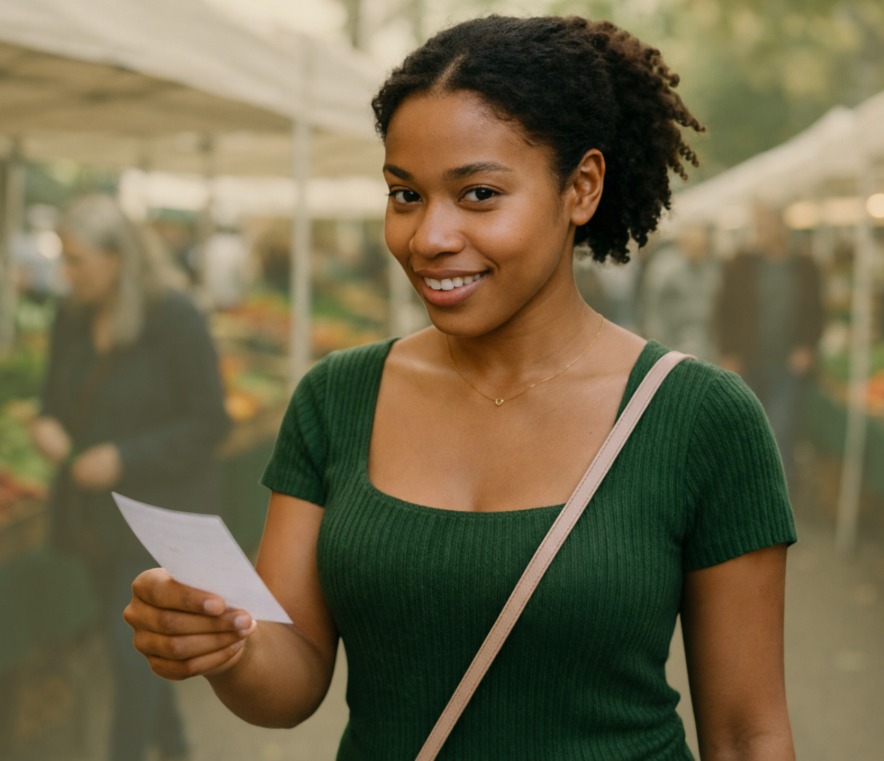 A woman holds a receipt in a public market setting