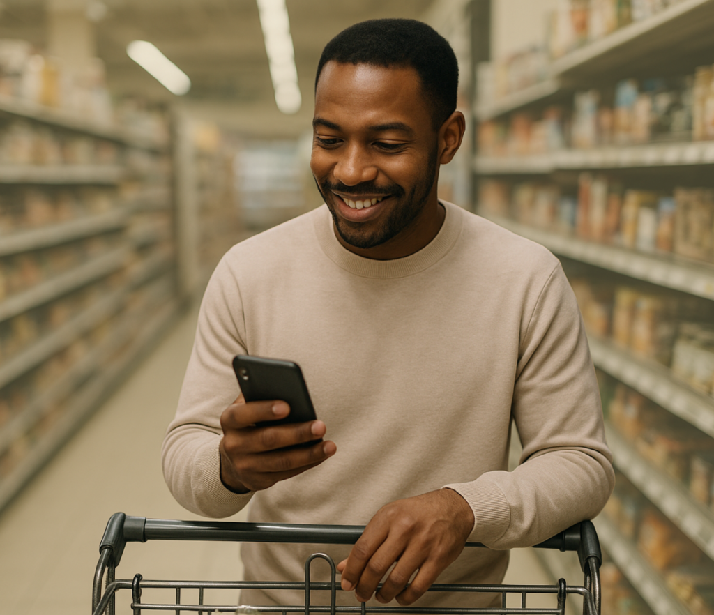 A man checks his phone in a store aisle