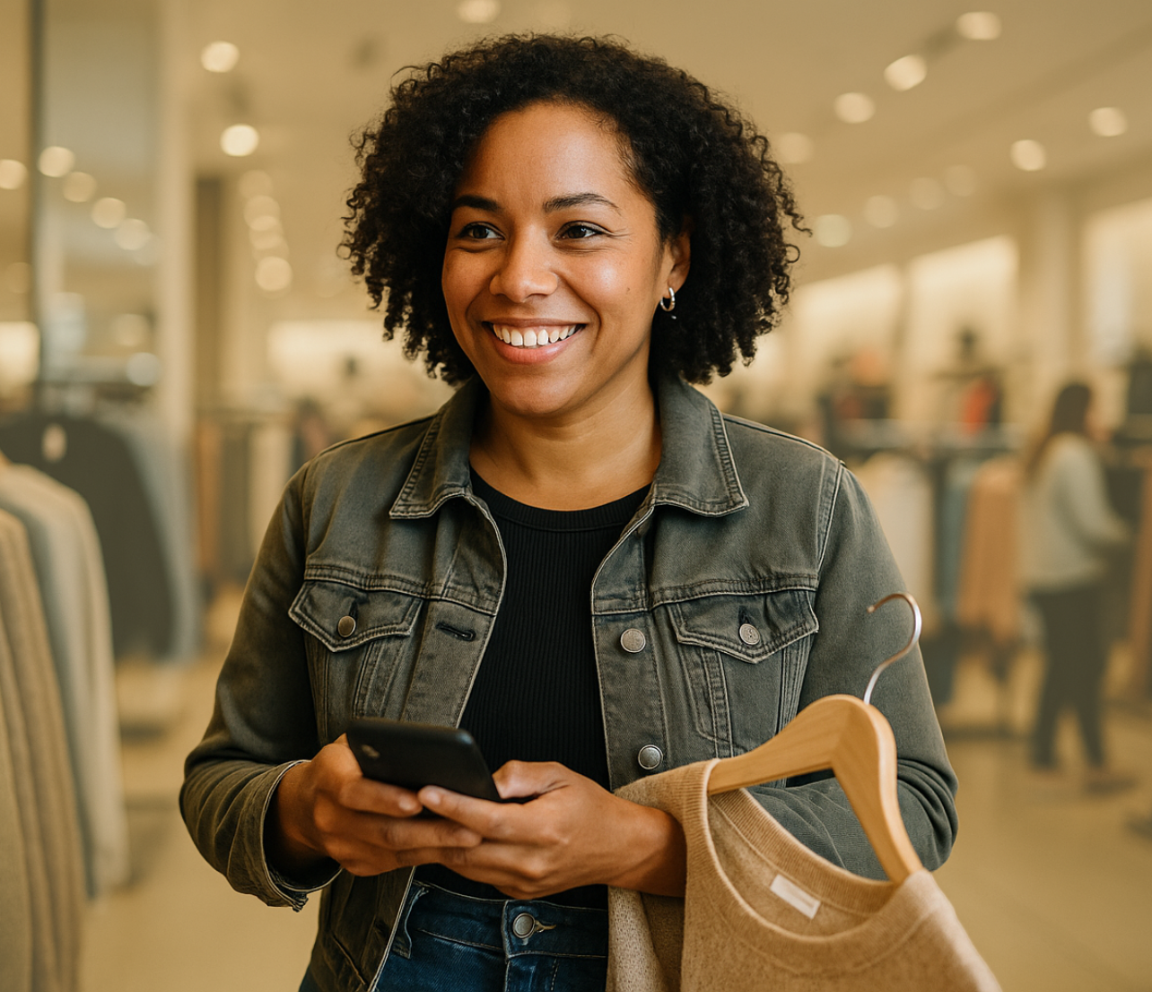 A woman stands in a retail setting holding a phone and clothing on a hanger