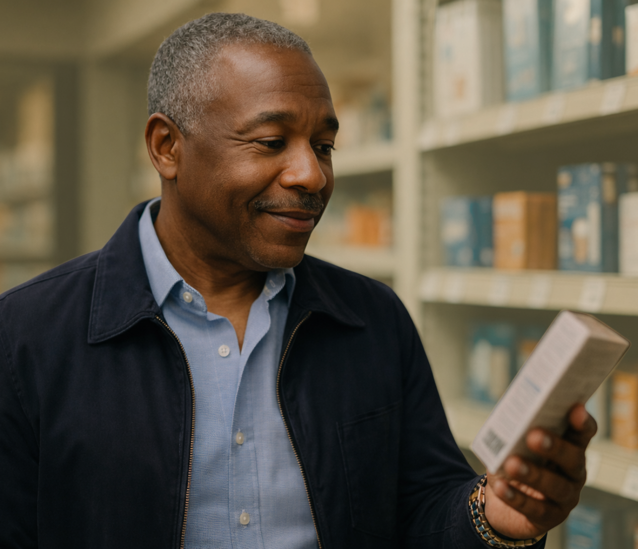 A man reviews a product while shopping in a store aisle