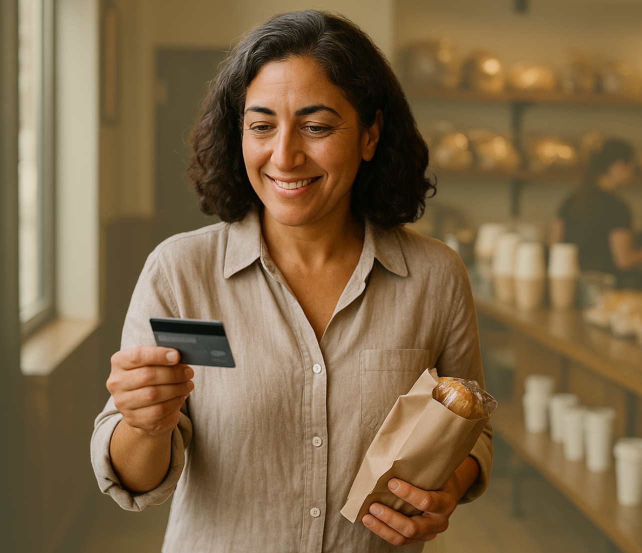 A woman holds a credit card and a paper bag in a café setting