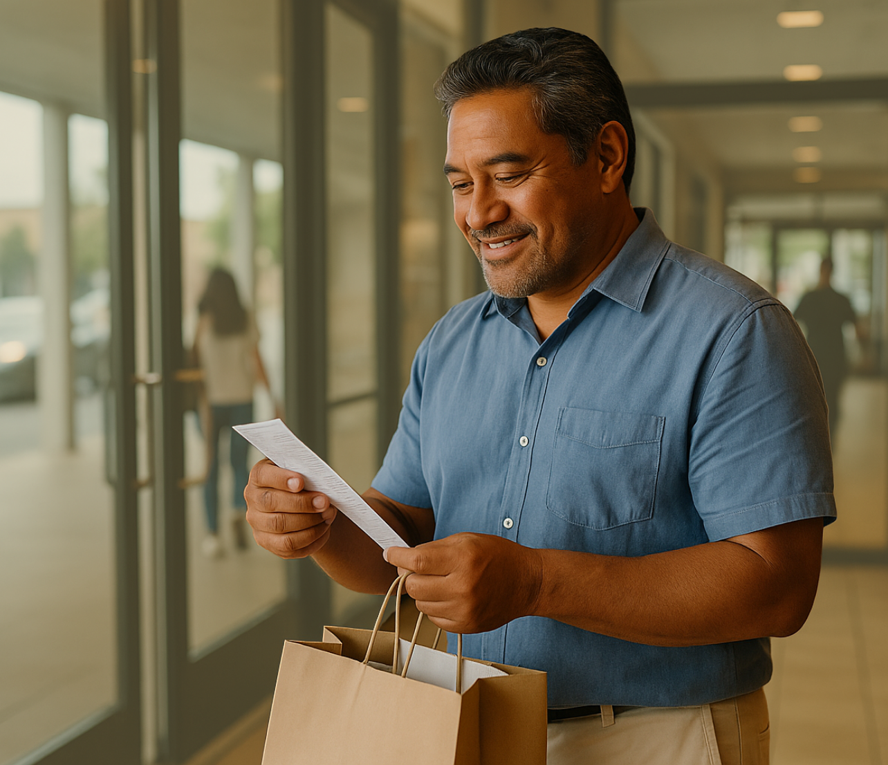 A man reviews a receipt while carrying shopping bags in a public indoor setting