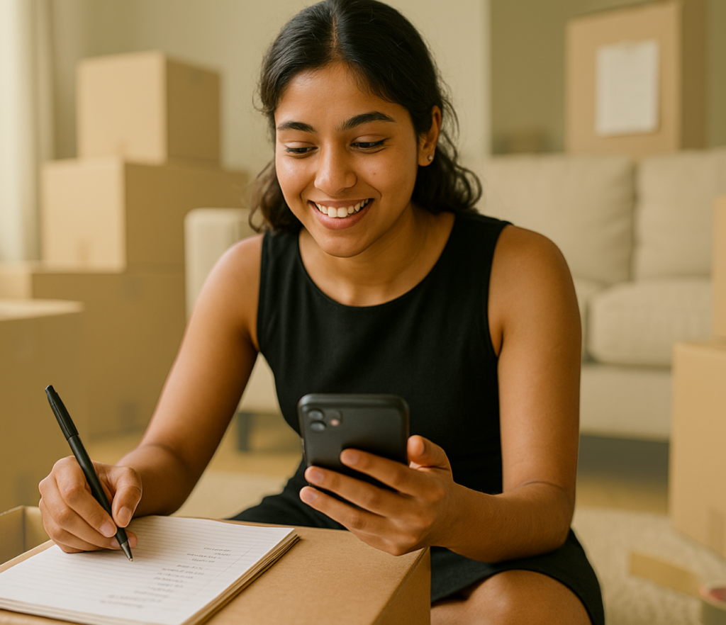 A woman looks at her phone while writing notes beside moving boxes at home