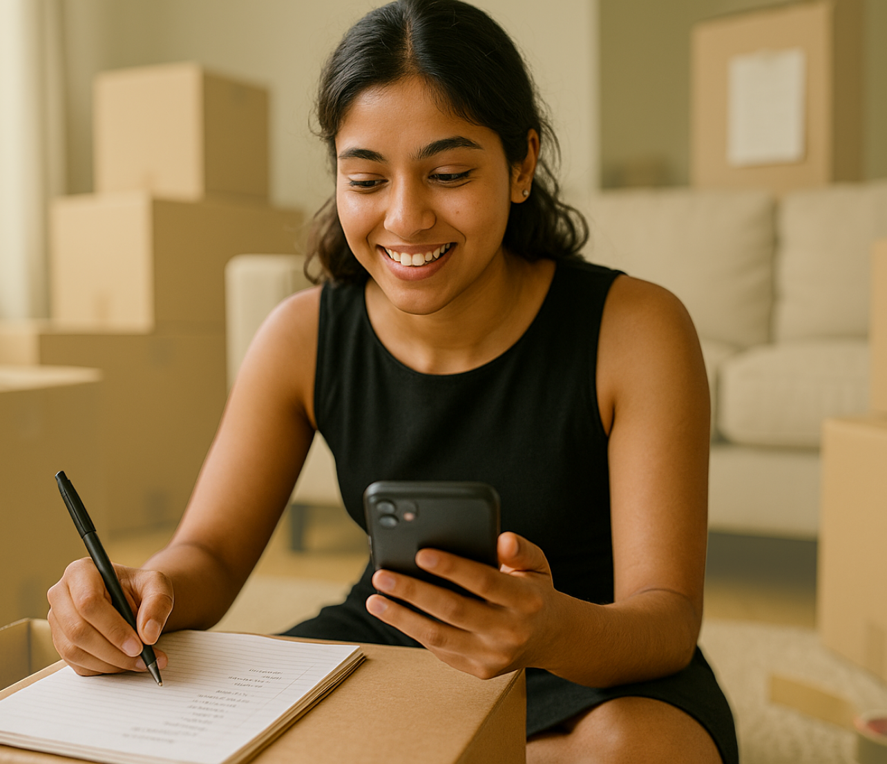 A woman looks at her phone while writing notes beside moving boxes at home