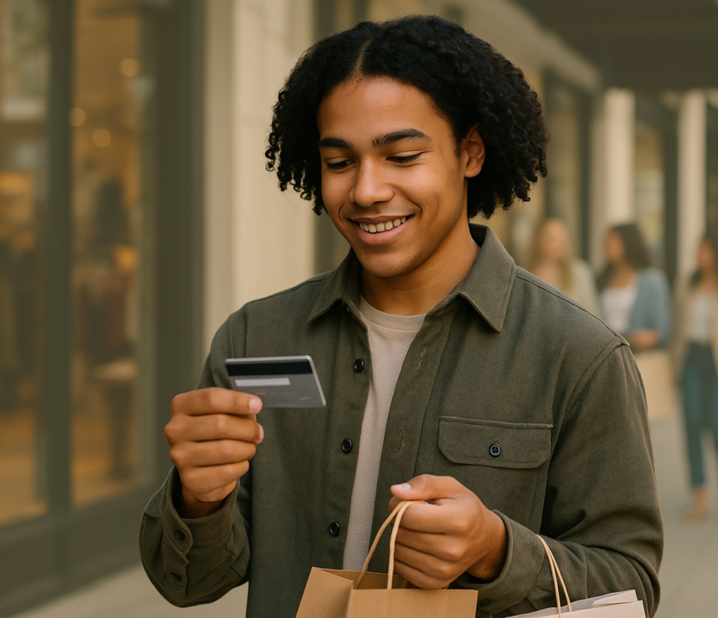 A young man holds a payment card while standing in a public retail setting