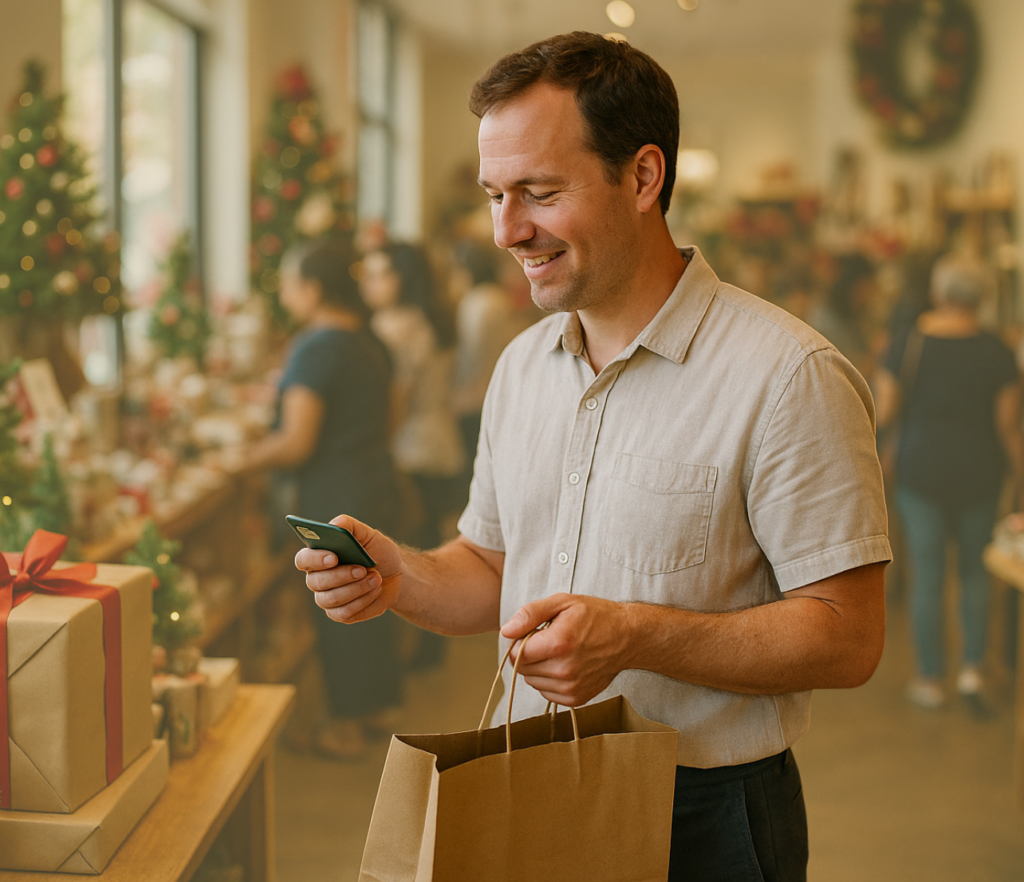 A man checks his phone while holding shopping bags in a busy retail setting