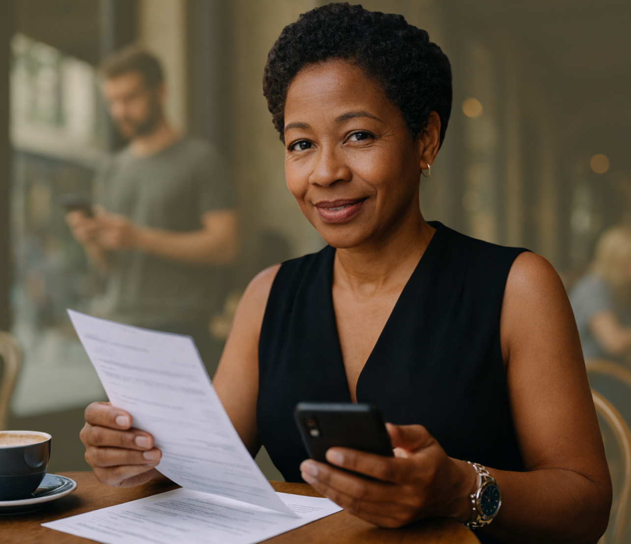 A woman reviews paperwork while holding a phone at a table