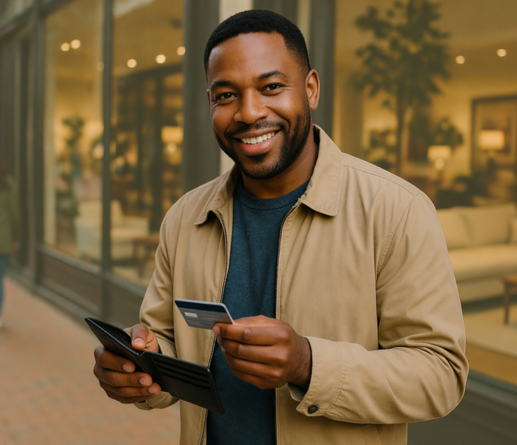 A man holds a wallet and payment card while standing outside a modern building