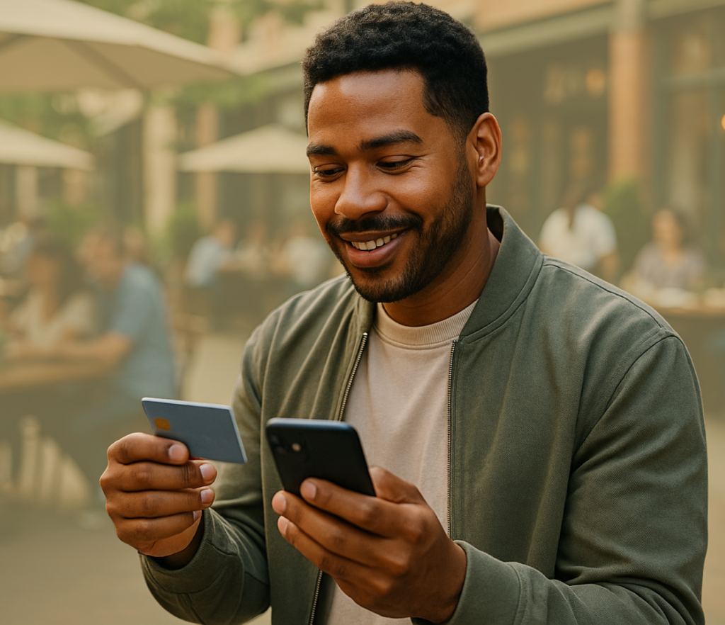 A person holds a credit card in one hand and a phone in the other while looking down at both in an outdoor setting with blurred seating and people in the background.