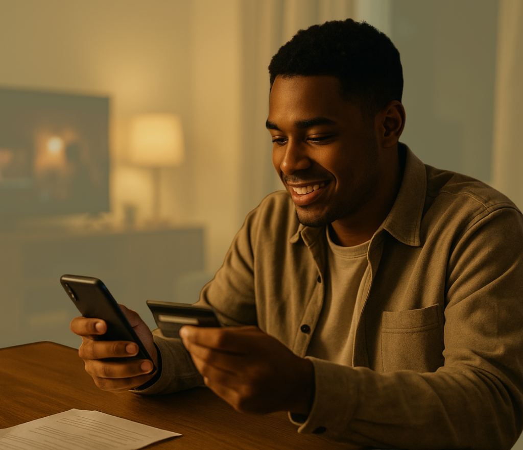 A person looks at a credit card and phone while seated at a table in a softly lit indoor setting.